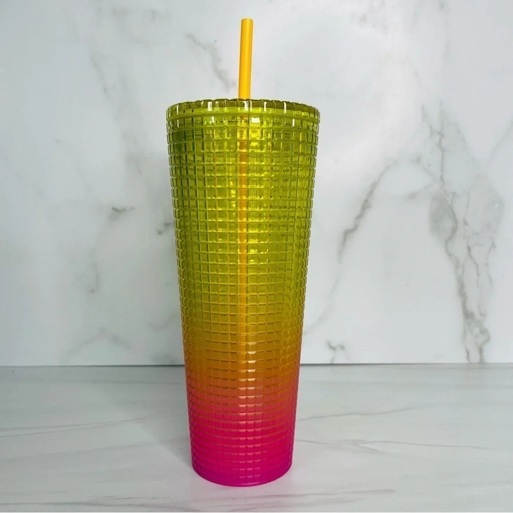Starbucks Summer 2022 Lemon Yellow Pink Gradient Ombre Grid 24oz Venti Tumbler